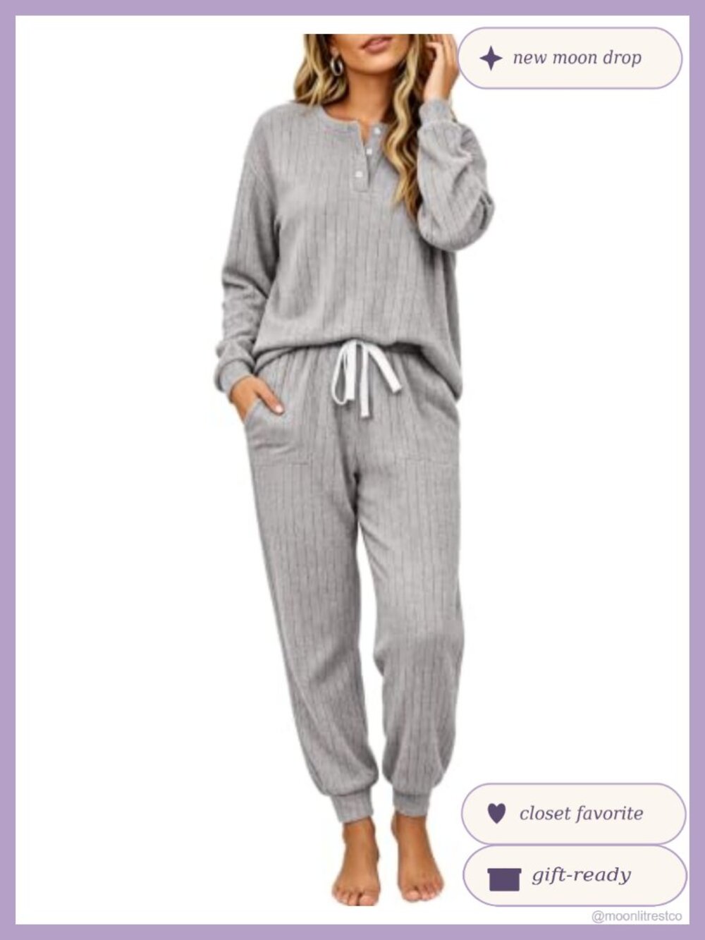 Pajama Set Knit Henley Long Sleeve Jogger Lounge Loungewear